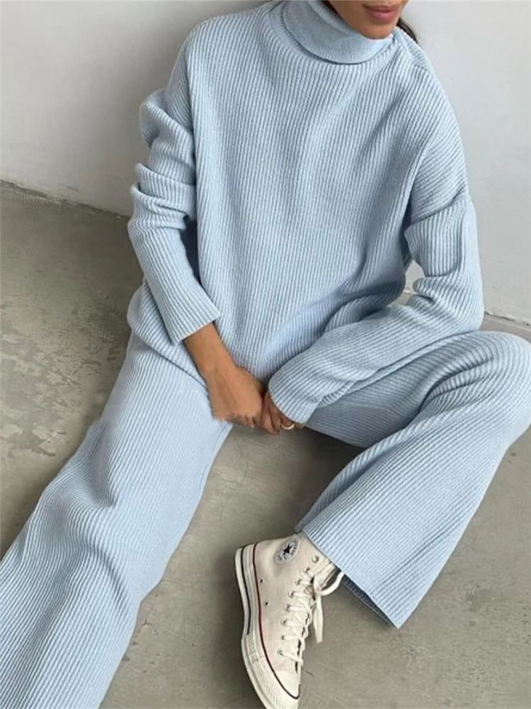 Knitted Tracksuit Set - Women's Two Piece Clothing With Turtleneck Sweater & Pants