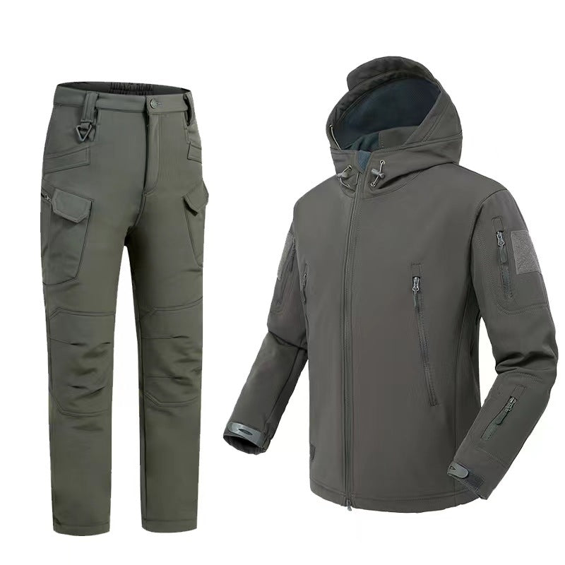Olive green tactical softshell jacket with hood and matching cargo pants with multiple pockets
