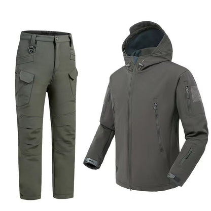 Olive green tactical softshell jacket with hood and matching cargo pants with multiple pockets