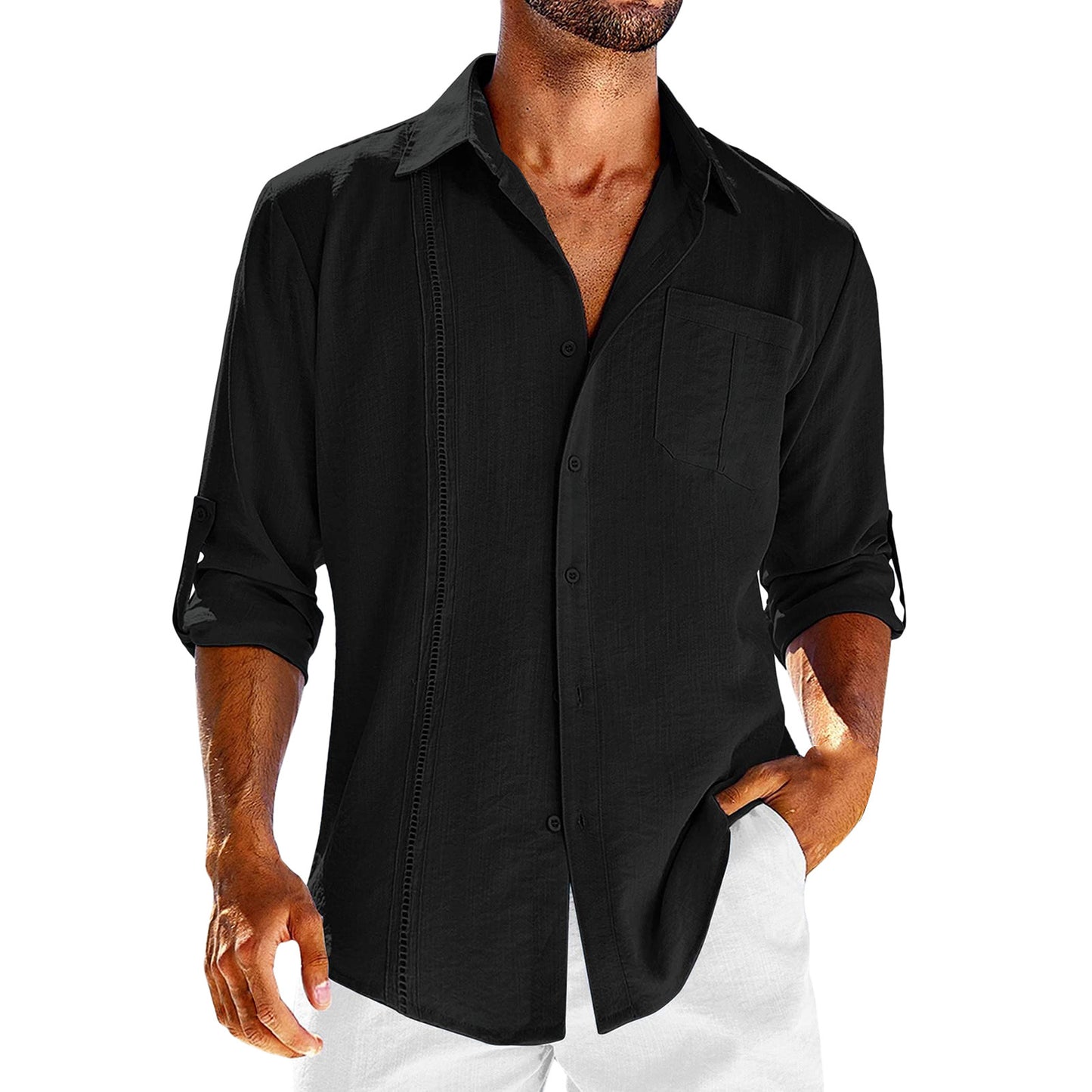 Long Sleeve Shirt With Pocket Lace Collar | Men's Casual Cotton Blend Polo