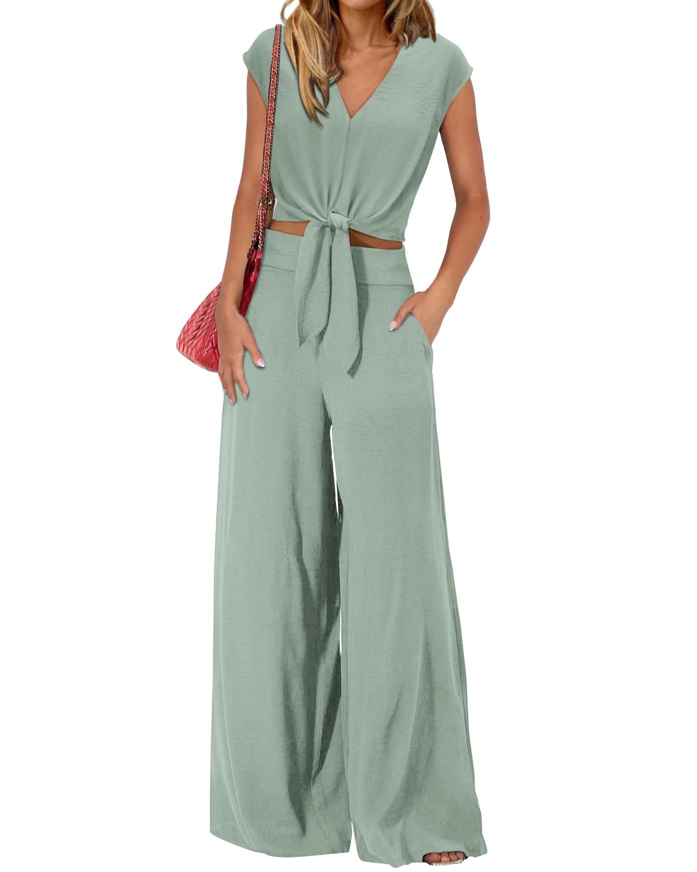 Women's 2-Piece Set | Sleeveless Crop Top & Polyester Pants | Trendy Pocket Detail