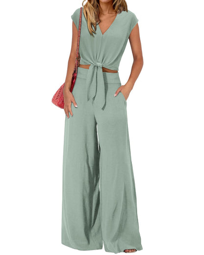 Women's 2-Piece Set | Sleeveless Crop Top & Polyester Pants | Trendy Pocket Detail