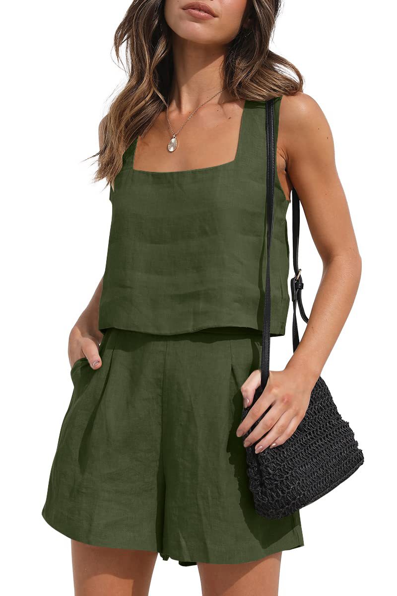 Women's Summer Suit - 2 Piece Outfit With Square Neck Top & Shorts Set