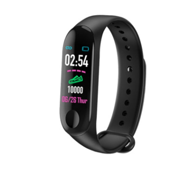 Black fitness tracker smartwatch with color display showing time, steps, and date
