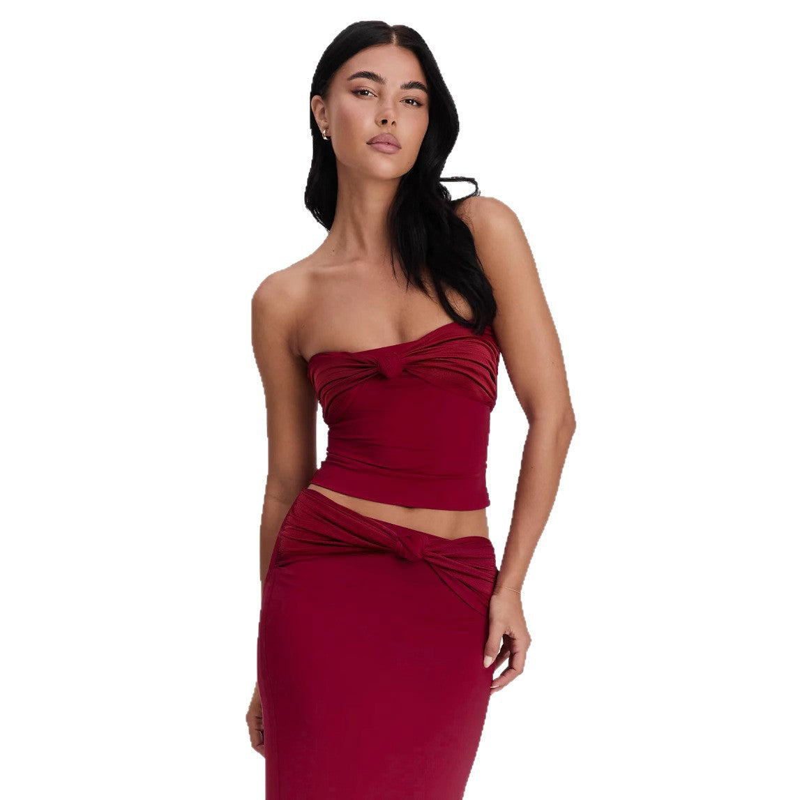 Strapless Long Dress Two Piece Set | Slim Fit Dark Red Evening Gown