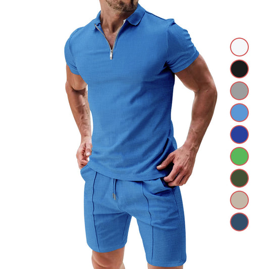 Casual Waffle Suit - Summer T-Shirt Set With Zipper Lapel Collar And Drawstring Shorts