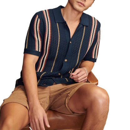 Men's Polo Cardigan - Casual Striped Knitted Short Sleeve British Style Top