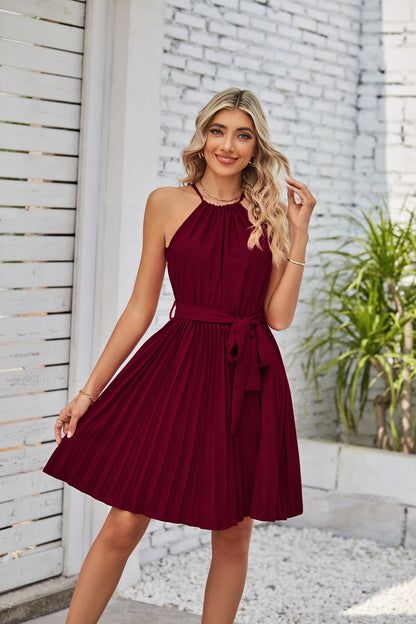 Halter Strapless Dress - Solid Color Sundress With Pleated Skirt For Summer Beach