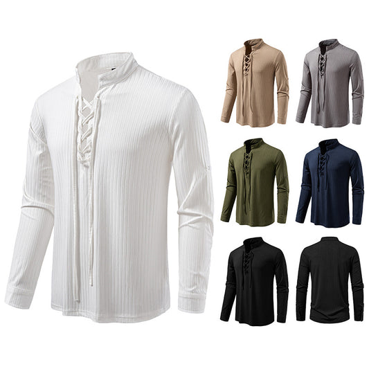 Men's Long Sleeve T-Shirt - Casual Drawstring Pullover Slim Fit Tee for Large Size