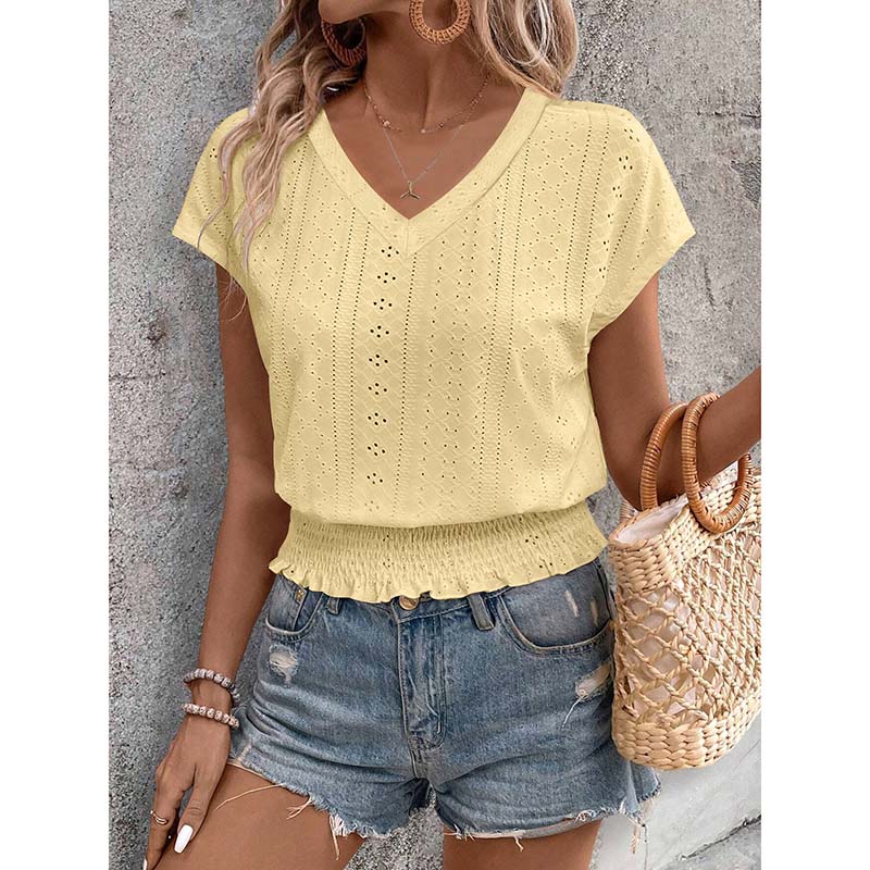Women Summer Eyelet Top - Casual V Neck Blouse With Smocked Elastic Hem