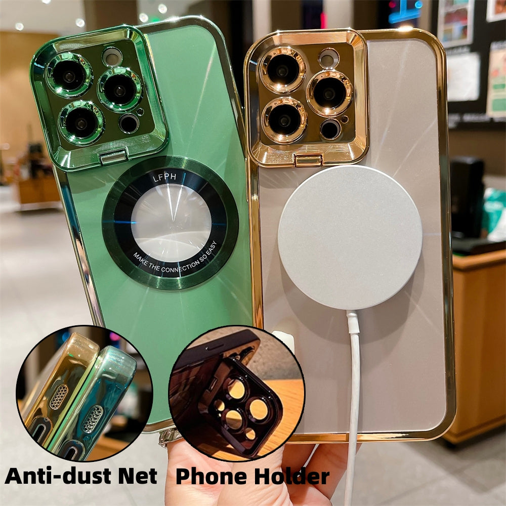 Green and gold iPhones with shiny metallic cases, anti-dust net, phone holder, and wireless charger