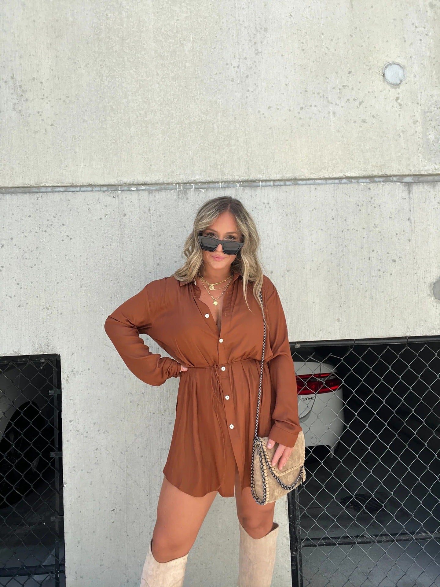 Women's Long Sleeve Jumpsuit - Lace-Up Button Shirt Dress, Stylish Spandex