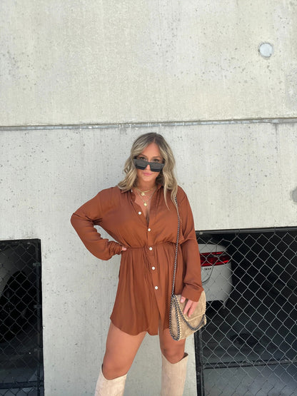 Women's Long Sleeve Jumpsuit - Lace-Up Button Shirt Dress, Stylish Spandex