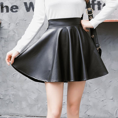 PU Leather Skirt - Black Pleated Mini Skirt For Women Autumn Winter