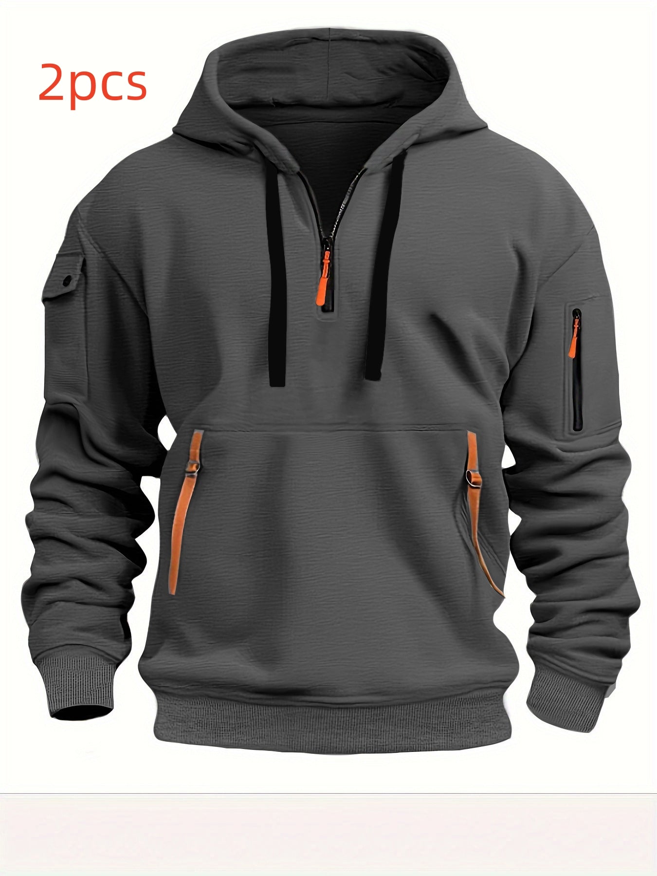 Gray hooded sweatshirt with orange zipper pulls, front pockets, arm zipper pocket, and black drawstrings