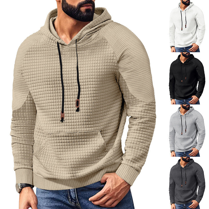 Men's textured waffle knit hoodies with kangaroo pocket in beige, white, black, gray, and dark gray colors
