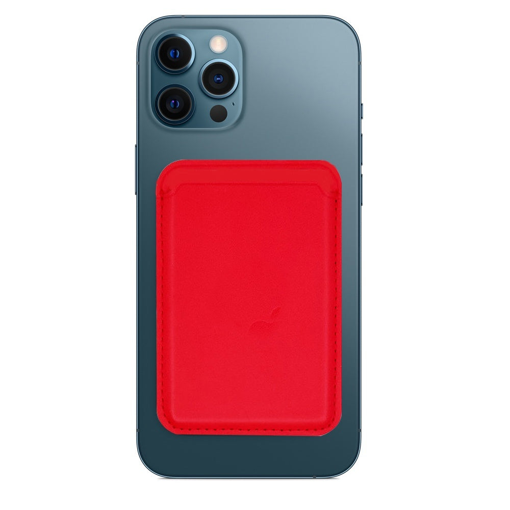 Blue iPhone with triple camera and red leather MagSafe wallet attached on the back