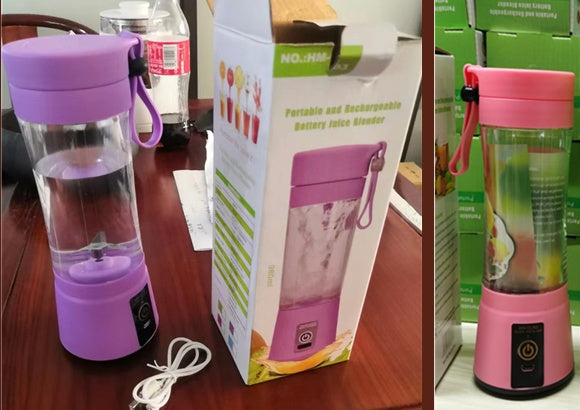 Portable rechargeable battery juice blender in pink and purple colors shown with USB charging cable and packaging box