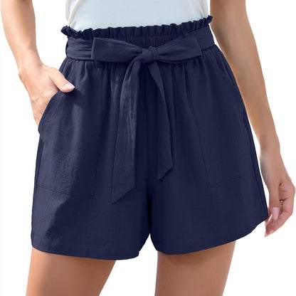 Ruffle Waist Tie Shorts - High Waist Summer Beach Pants With Pockets