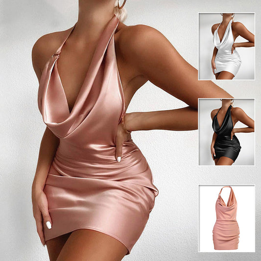 Satin Party Dress | Adjustable Spaghetti Straps | Backless Sleeveless Mini Midi Dress
