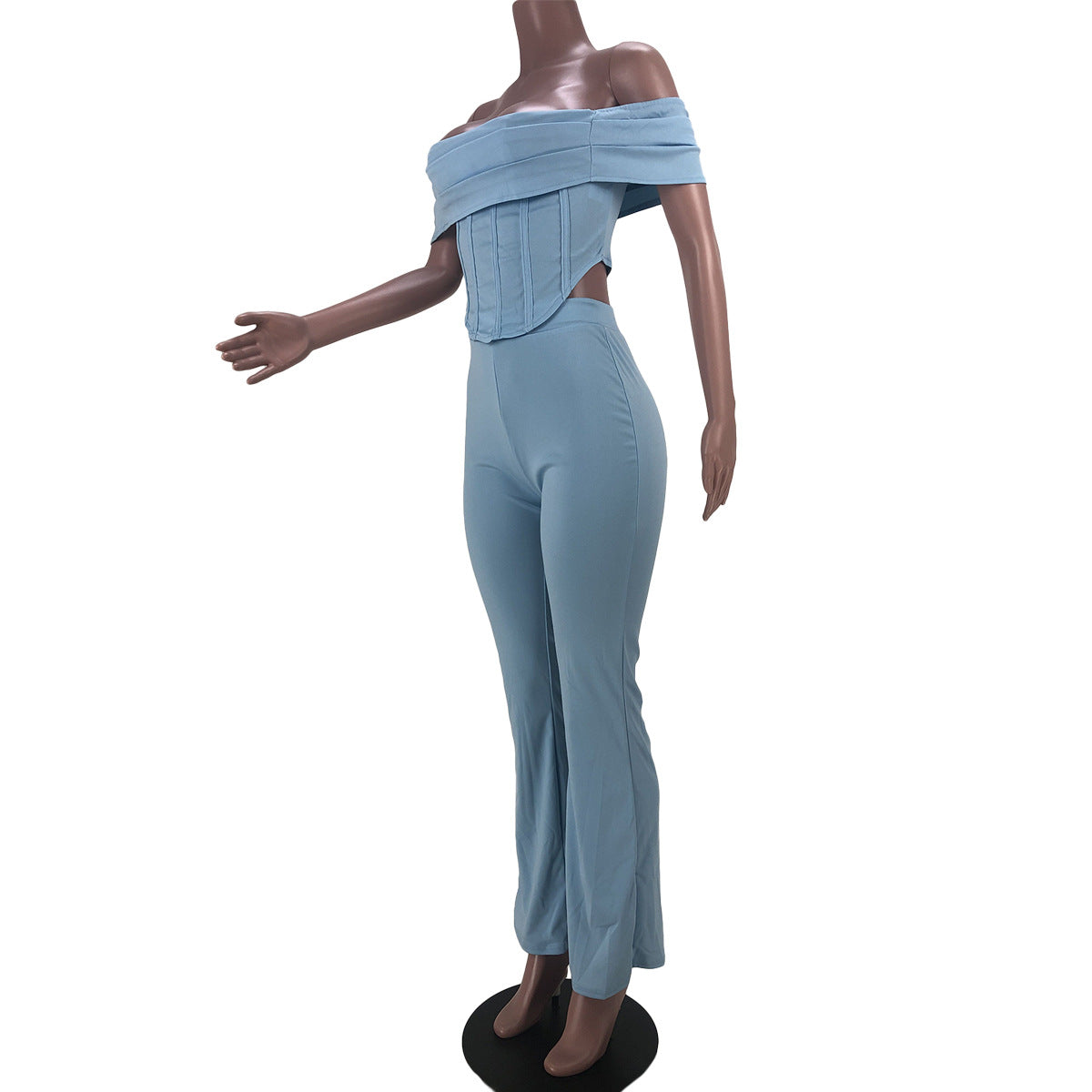 Mannequin wearing light blue off-shoulder corset top and matching high-waist pants