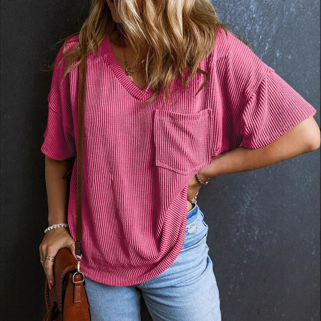 Two-Tone Pullover Top - Women's Summer V-Neck Blouse With Pocket