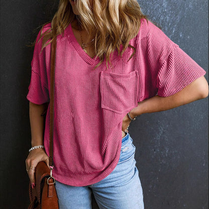 Two-Tone Pullover Top - Women's Summer V-Neck Blouse With Pocket