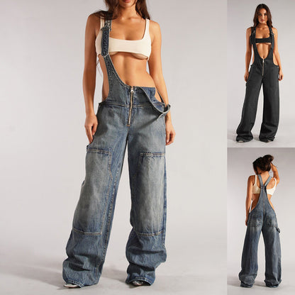 Denim Overalls With Zipper Pockets – Loose Suspender Jumpsuit, Wide Leg Pants