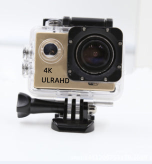 4K Ultra HD action camera in transparent protective casing with black mount against white background