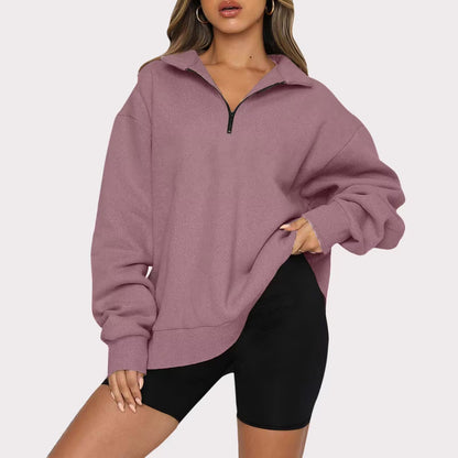Women Zip Sweatshirt - Loose Pullover With Turndown Collar | Casual Tops