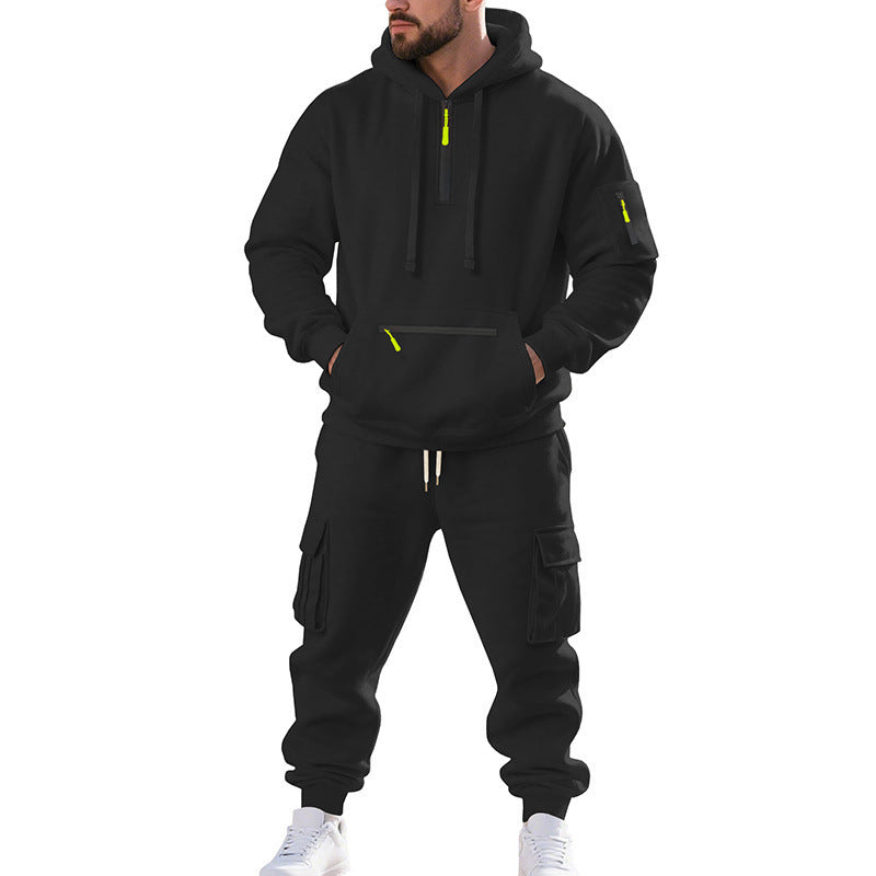 Men's Sports Hoodie Set - Polyester Fiber Two-Piece Tracksuit with Multi-Pocket Zipper Jacket