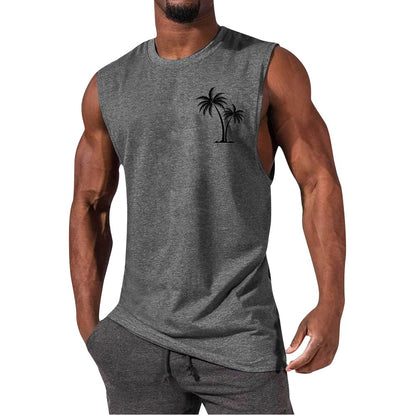 Men's Workout Tank Top - Summer Fitness Vest With Coconut Tree Embroidery