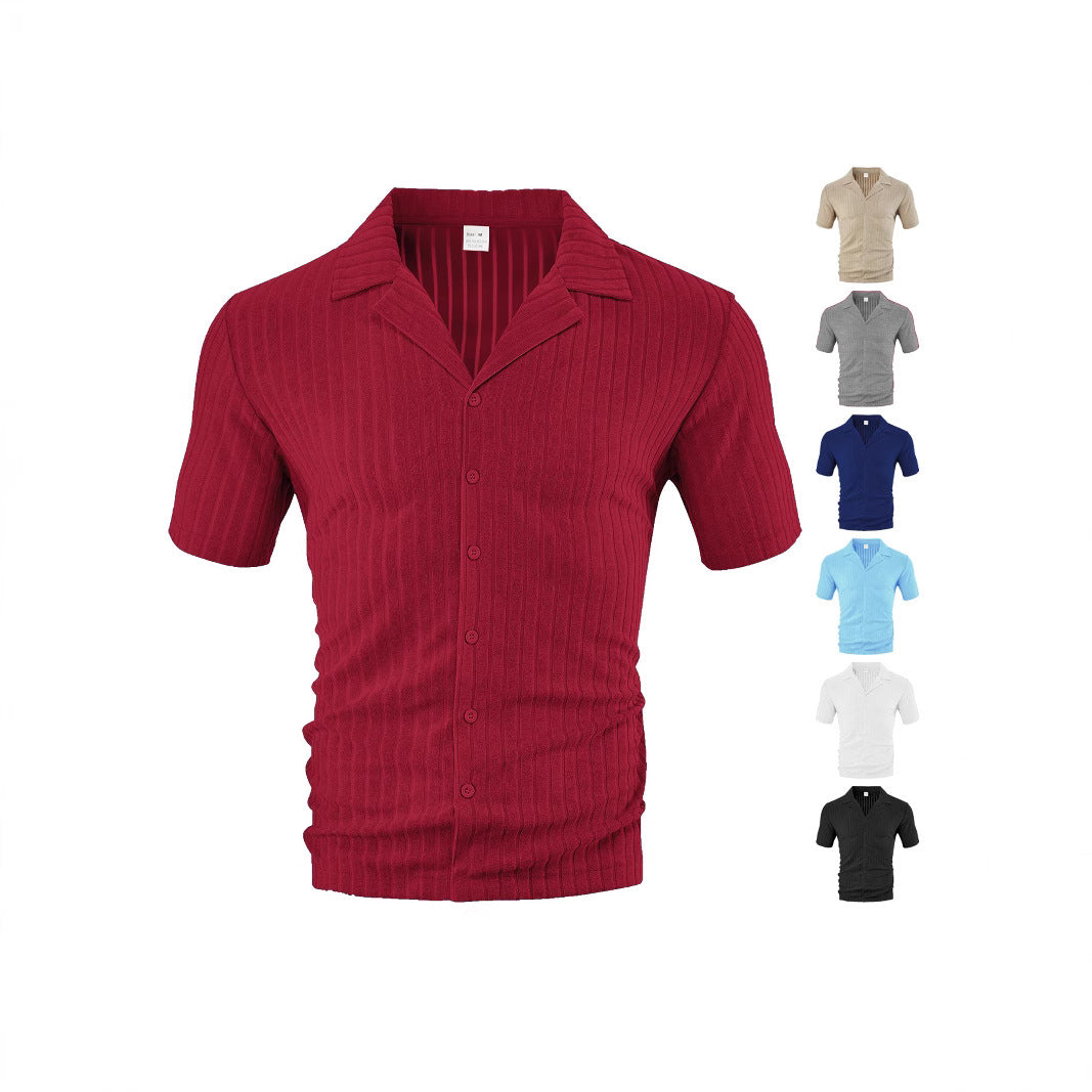 Men's ribbed short sleeve button-up shirt with collar in red and multiple colors