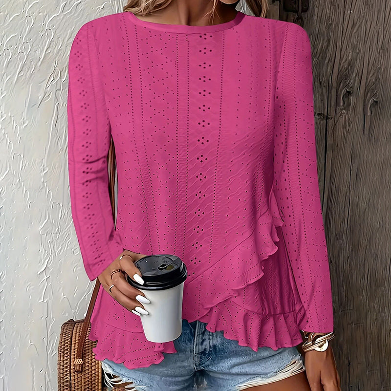 Women Eyelet Tops - Long Sleeve Blouse With Ruffle Hem | Lightweight Summer Workwear