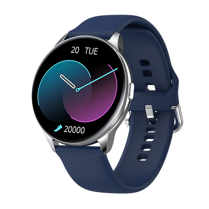 Modern silver smartwatch with round face, blue silicone strap, step counter, and date display