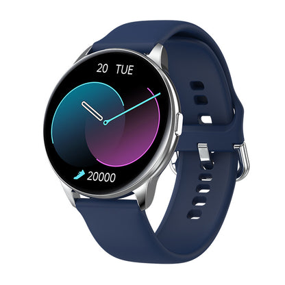 Modern silver smartwatch with round face, blue silicone strap, step counter, and date display