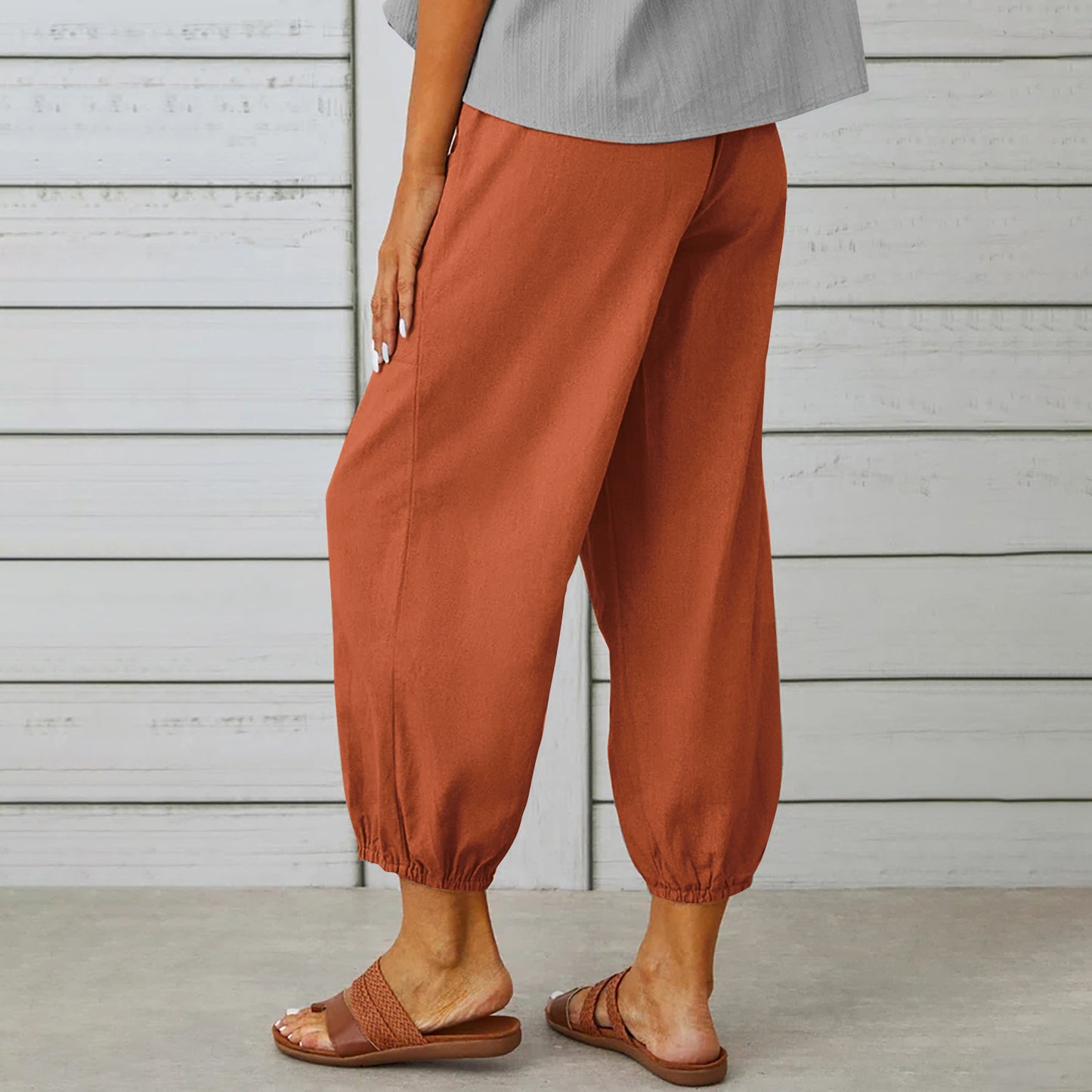 Cotton Linen Pants - Women's Drawstring Waist Trousers With Pockets & Buttons