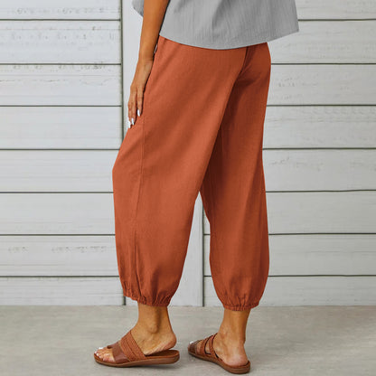 Cotton Linen Pants - Women's Drawstring Waist Trousers With Pockets & Buttons