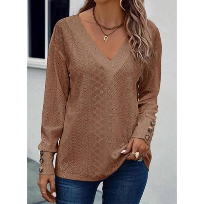 Women Eyelet Blouse - Long Sleeve V Neck Top | Casual Loose Fall Shirt