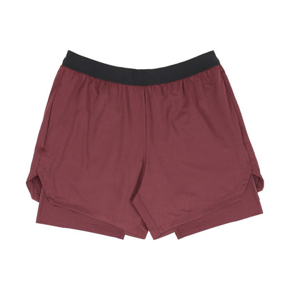 Maroon men's double-layer athletic shorts with black elastic waistband and breathable fabric