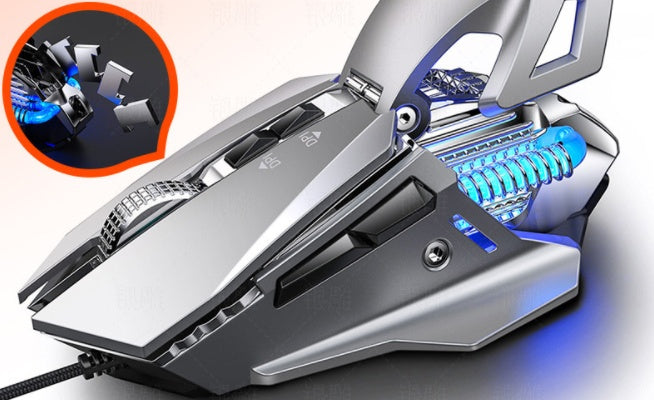 Futuristic silver gaming mouse with blue LED lights and adjustable components shown in close-up