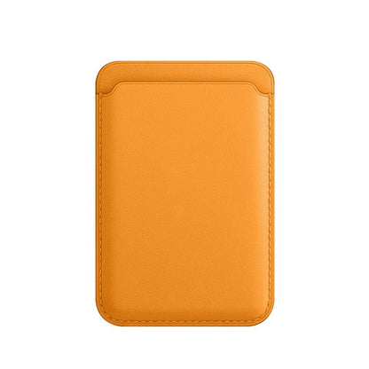 Orange leather card holder wallet with sleek stitched edges on white background