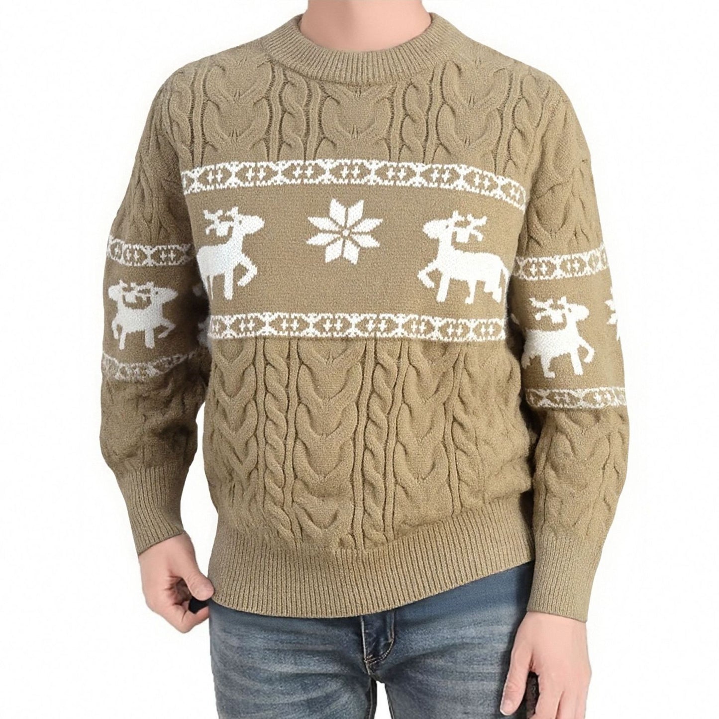 Close-up of brown knitted sweater with white reindeer and snowflake pattern worn with blue jeans