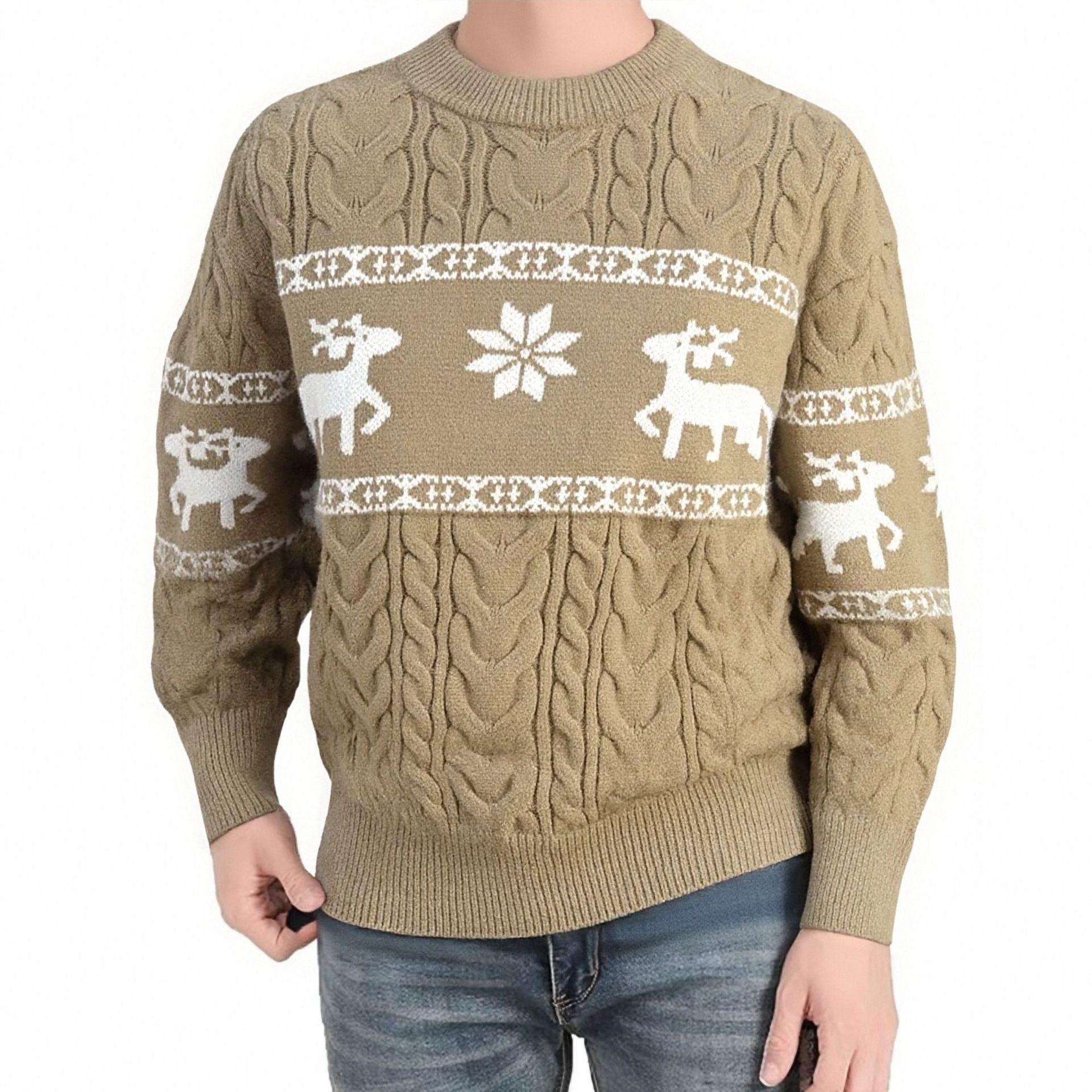 Close-up of brown knitted sweater with white reindeer and snowflake pattern worn with blue jeans