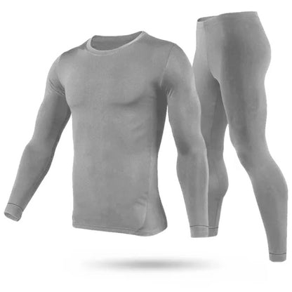 Gray men's thermal long sleeve top and leggings set for cold weather layering