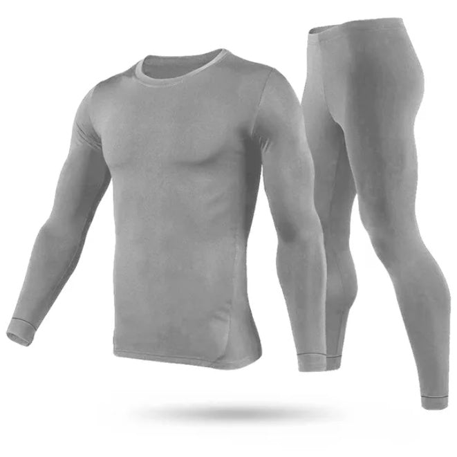 Gray long-sleeve compression shirt and matching leggings set for men, seamless athletic wear