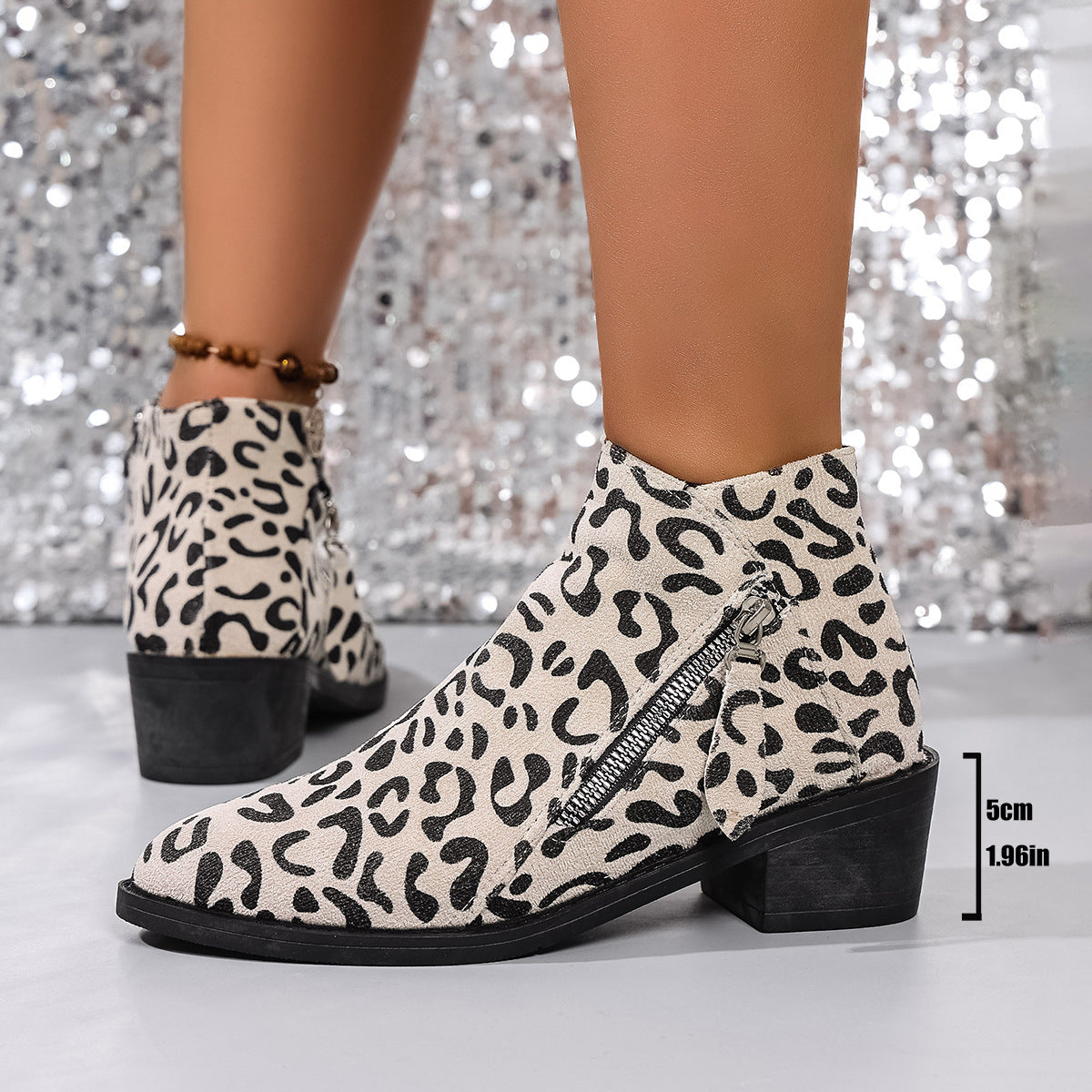 Chunky Heel Ankle Boots – Ladies Pointed Toe Low Cut Booties With Leopard Print