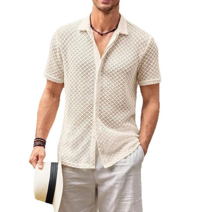 Summer Mesh Shirt - Men's Beachwear Short Sleeve Top With Lapel Collar