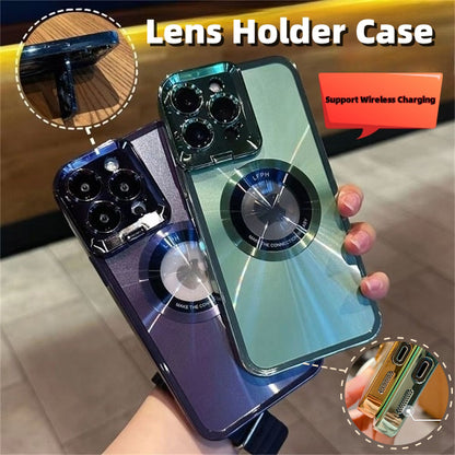 Hand holding two lens holder phone cases in purple and green, designed for wireless charging