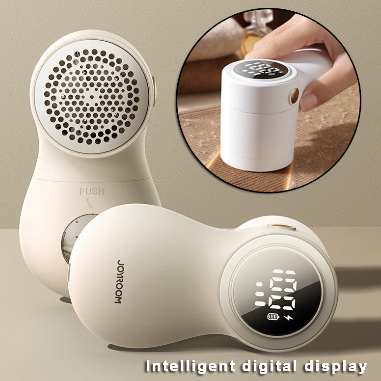 JOYRROOM digital fabric shaver with intelligent display, shown removing lint from clothing
